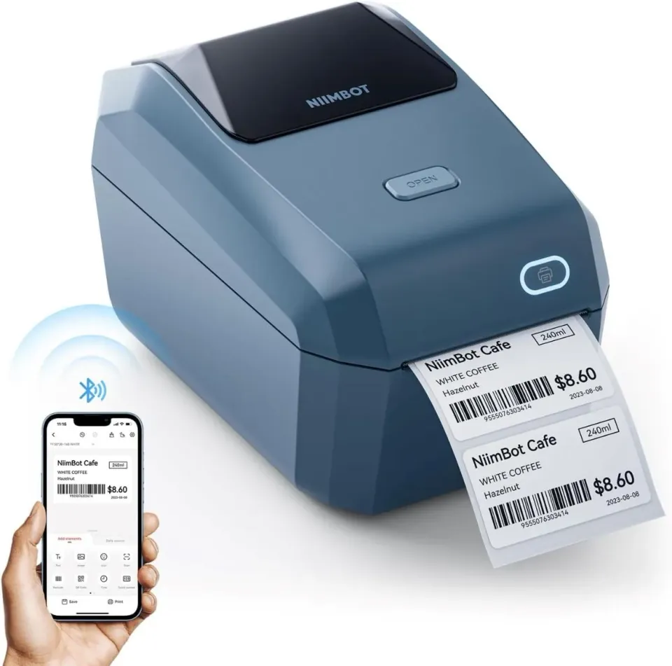 NIIMBOT K3 – stolní termotiskárna štítků 20–80 mm, 180 mm/s, Bluetooth, napájení ze sítě, modrá + role 230 štítků
