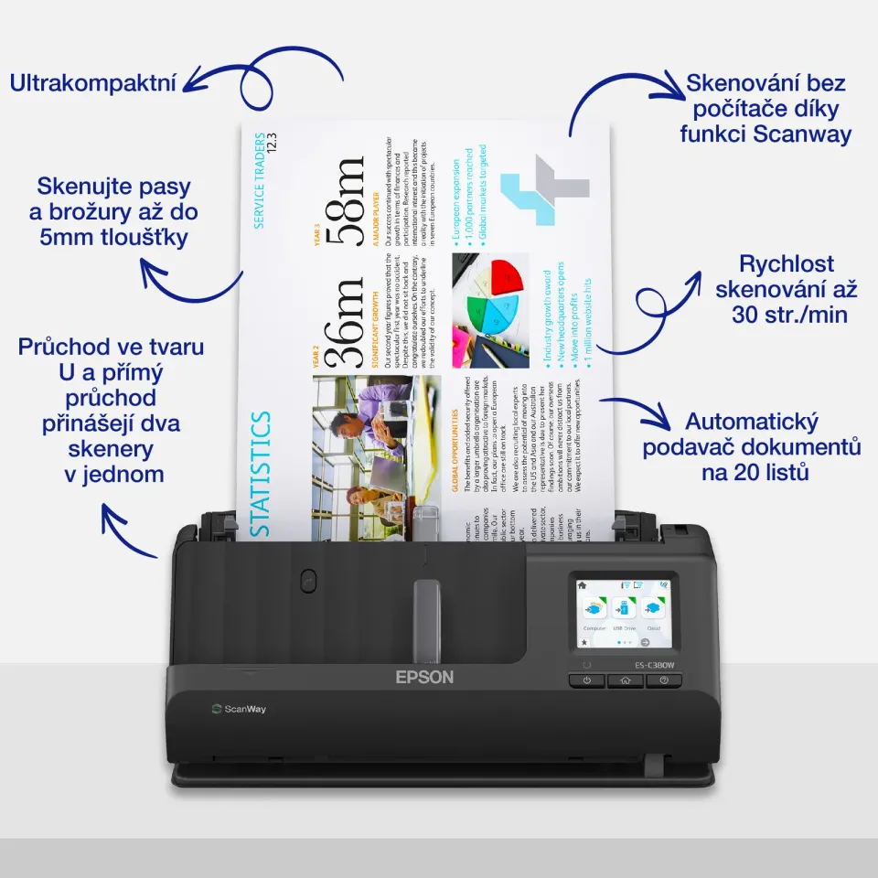 EPSON skener ES-C380W - A4/600x600dpi/USB/Wi-Fi/LAN/DADF