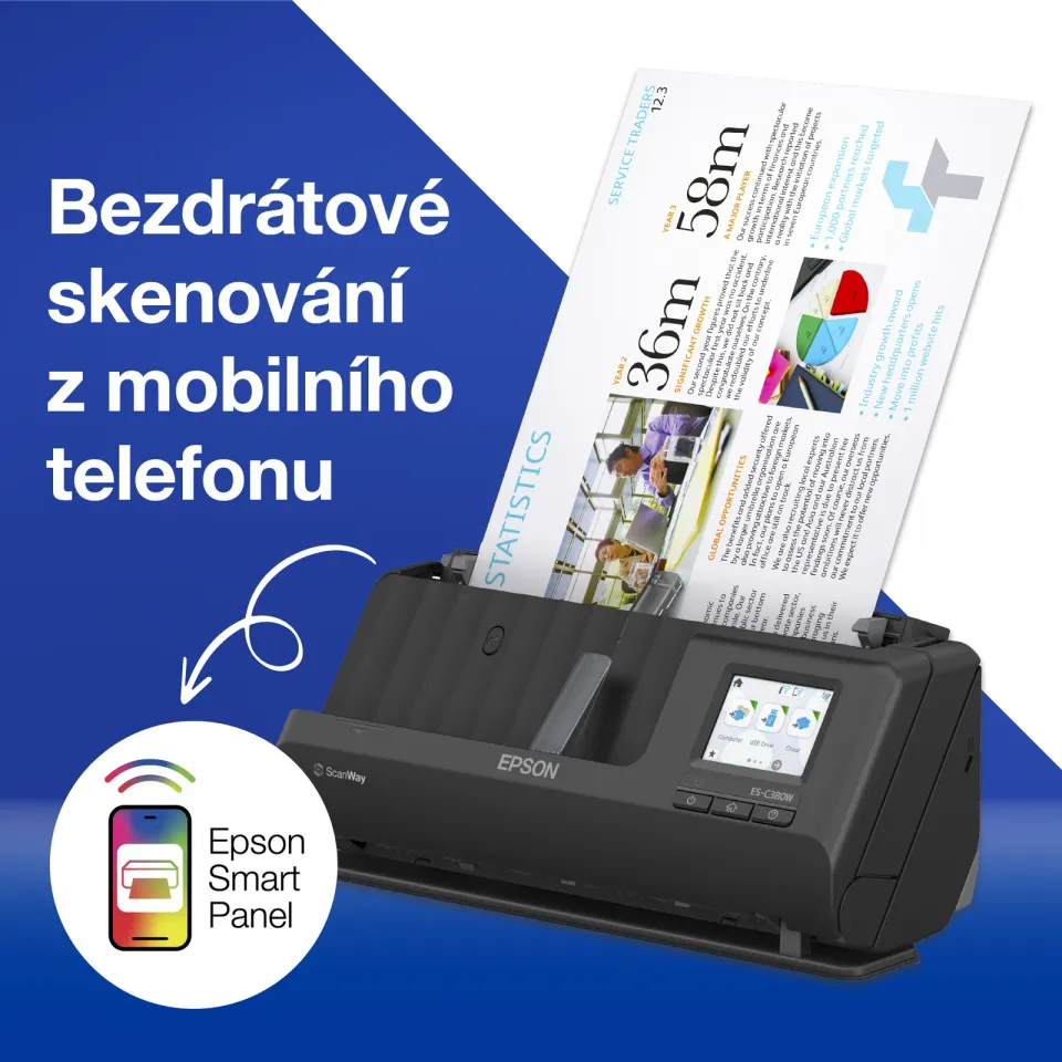 EPSON skener ES-C380W - A4/600x600dpi/USB/Wi-Fi/LAN/DADF