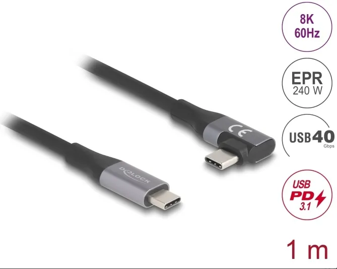 Delock Kabel USB 40 Gbps, pravoúhlý levý / pravý USB PD 3.1 Extended Power Range
