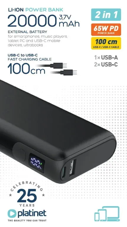 Platinet Powerbanka 20000 mAh 65W Power Delivery, 2x USB-C, 1xUSB-A, kabel USB-C 1m, černá