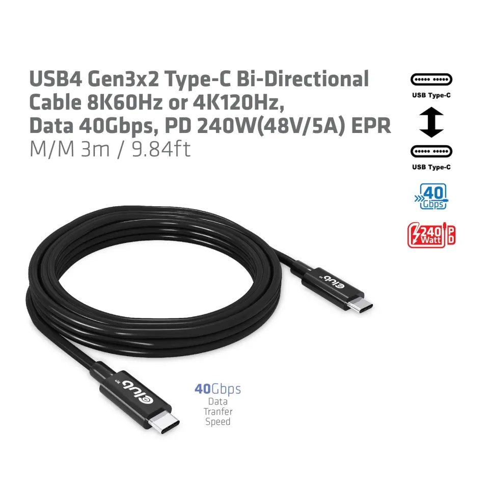 Club3D Kabel USB4 Gen3x2 Typ C 8K60Hz UHD, 40Gbps, Power Delivery 240W, (M/M), 300cm