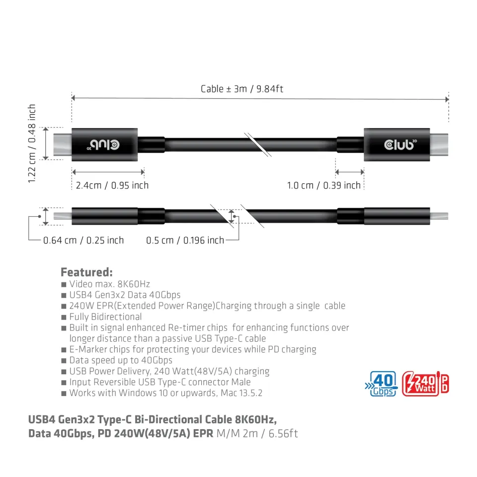 Club3D Kabel USB4 Gen3x2 Typ C 8K60Hz UHD, 40Gbps, Power Delivery 240W, (M/M), 300cm