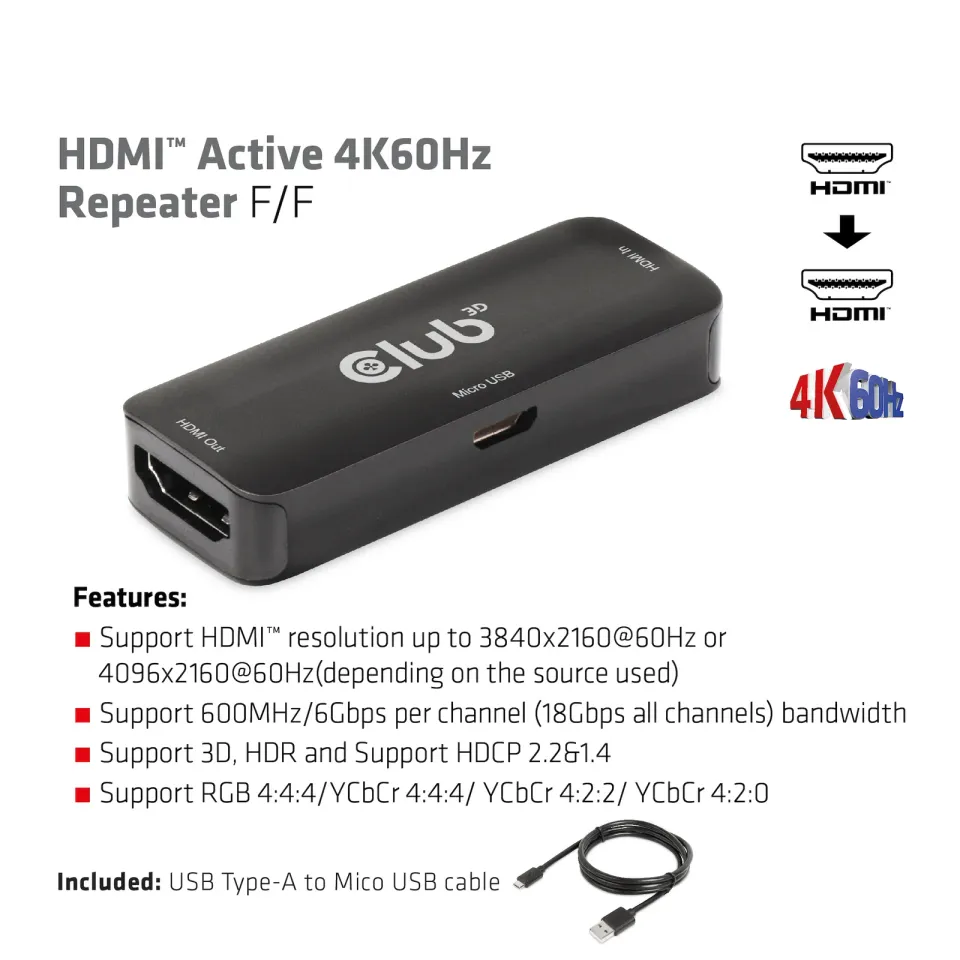 Club3D Adaptér aktivní HDMI 4K60Hz (F/F), černá