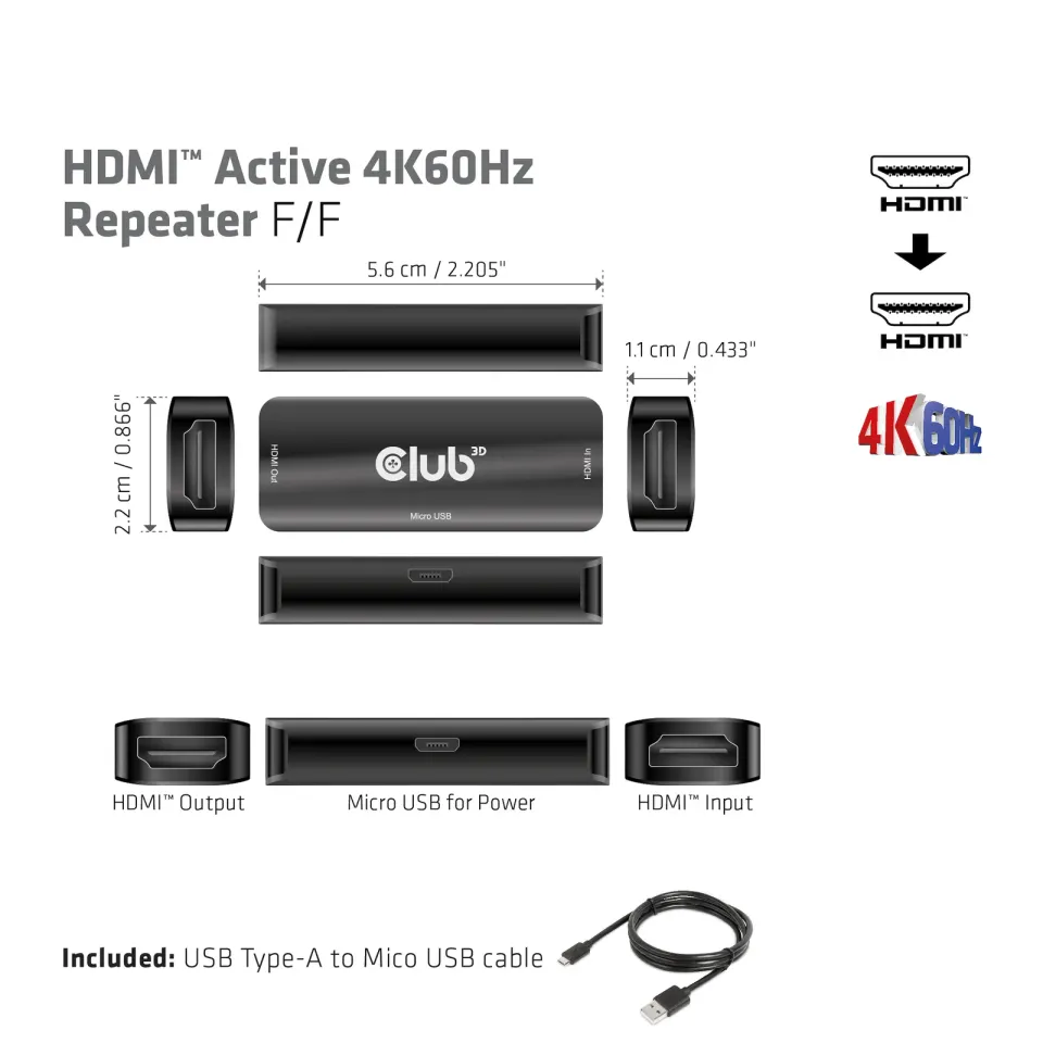 Club3D Adaptér aktivní HDMI 4K60Hz (F/F), černá