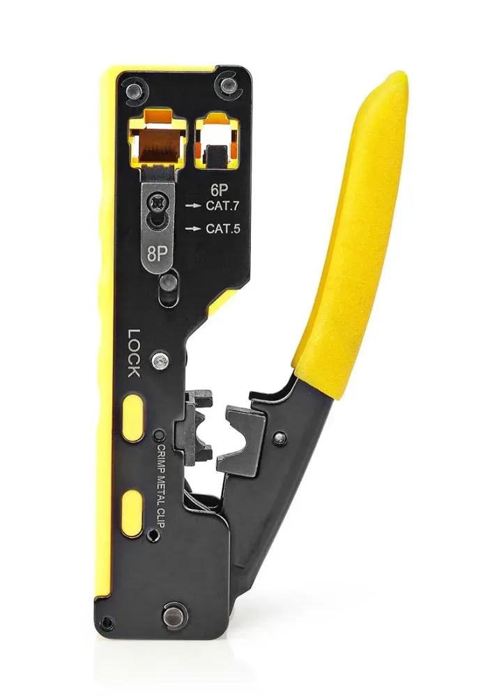 NEDIS krimpovací kleště/ CAT5/ CAT5e/ CAT6/ CAT6a/ CAT7/ RJ12/ RJ45/ odizolování/ řezání/ guma/ocel/ černo-žluté