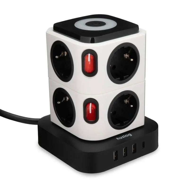 Nabíjecí stanice Huslog 15W 8xzásuvka, 1xUSB-C, 3xUSB, 1x LED světlo bílá