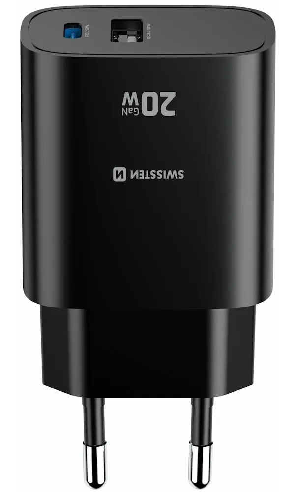 Swissten Síťový Adaptér Edge GaN 1x USB-C PD 20W + 1x USB-A 18W QC Černý