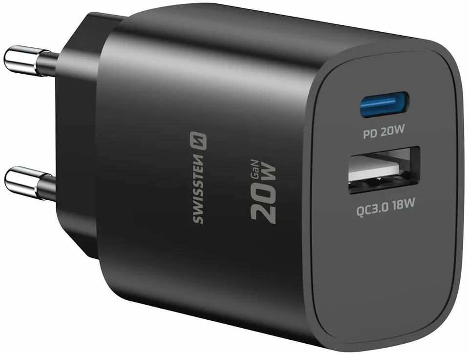 Swissten Síťový Adaptér Edge GaN 1x USB-C PD 20W + 1x USB-A 18W QC Černý