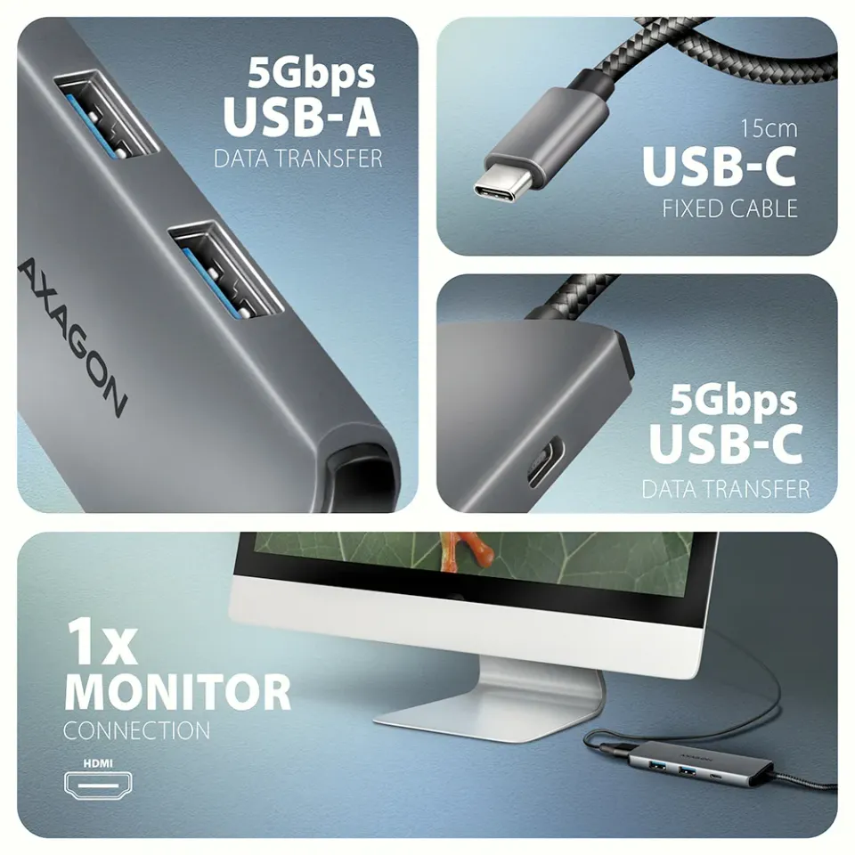 AXAGON HMC-5H8K, USB 5Gbps hub, 2x USB-A, USB-C, HDMI 8k/30Hz, PD 100W, kabel US
