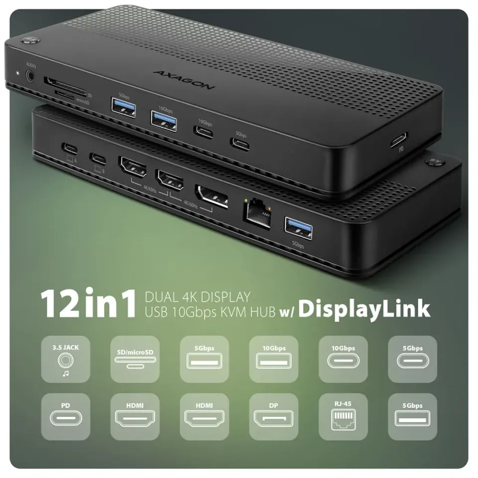 AXAGON HMC-DL-KVM, DisplayLink dokovací stanice, USB 10Gbps, HDMI + DP 4K/60Hz, RJ-45, PD 100 W, KVM