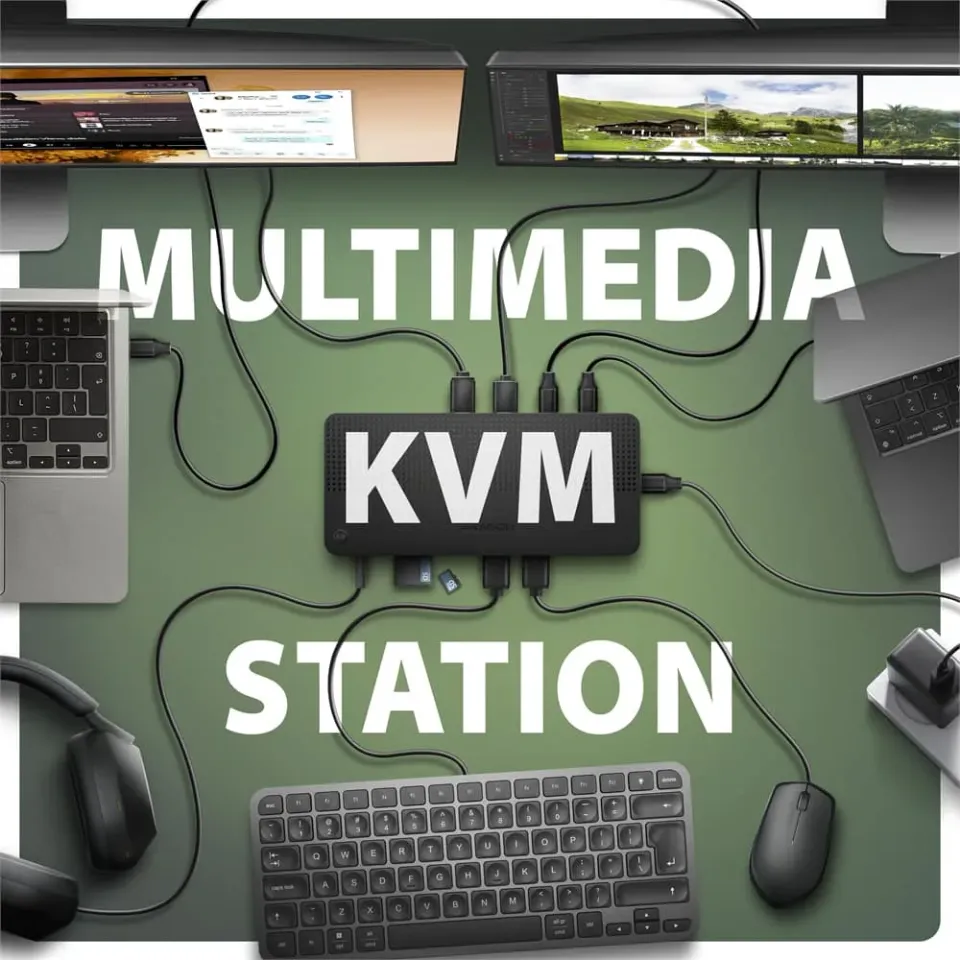AXAGON HMC-DL-KVM, DisplayLink dokovací stanice, USB 10Gbps, HDMI + DP 4K/60Hz, RJ-45, PD 100 W, KVM