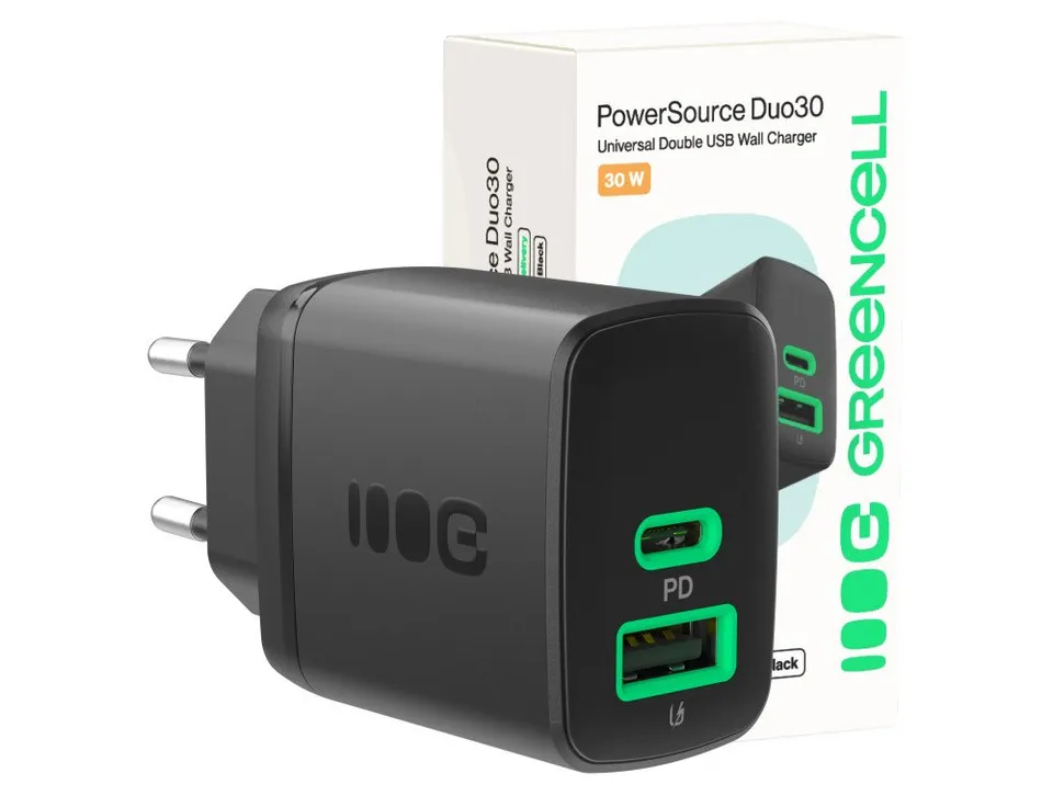 Green Cell PowerSource Duo30 Charger USB/USB-C Black Power Adapter 30W Power Del
