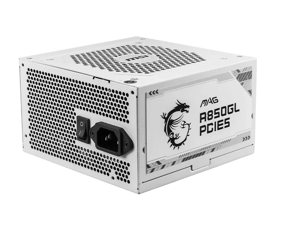 MSI zdroj MAG A850GL PCIE5 WHITE/ 850W/ ATX3.1/ akt. PFC/ 7 let celk. záruka/ 120mm fan/ modulární kabeláž/ 80PLUS Gold