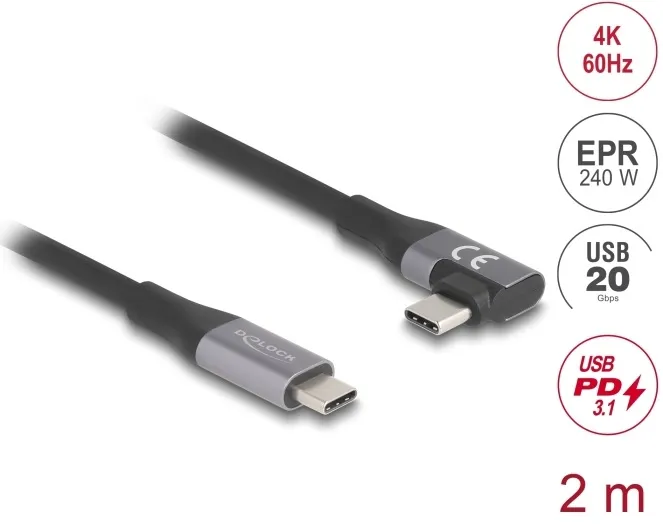 Delock Kabel USB 20 Gbps, pravoúhlý levý / pravý USB PD 3.1 Extended Power Range