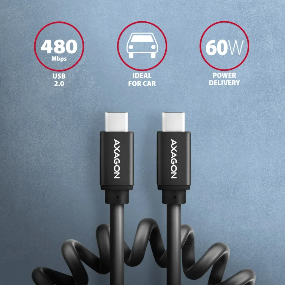 AXAGON BUCM-CM10TB, TWISTER kabel USB-C <-> USB-C, 0.6m, USB 2.0, PD 60W 3A, ALU