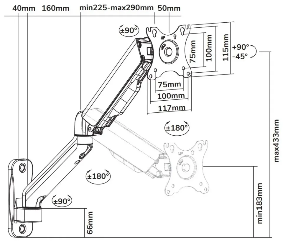 Neomounts WL70-450BL11 / wall mounted gas spring monitor arm (3 pivots VESA 100x100) / Black