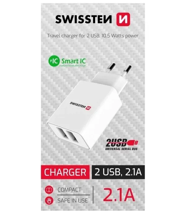 Swissten síťový adaptér smart ic 2x usb 2,1a power bílý (samoprodavač)