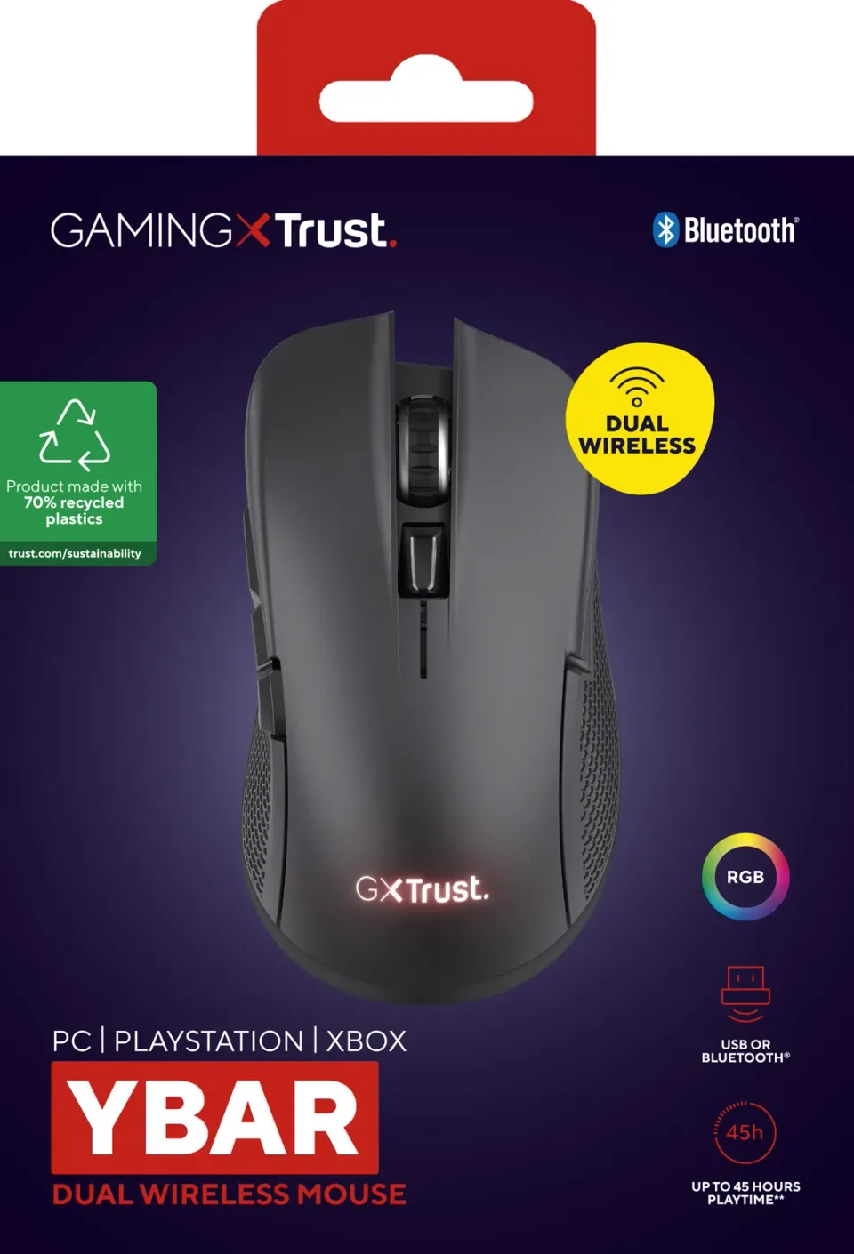 TRUST bezdrátová myš GXT 931 Ybar Wireless, Bezdrátová RF 2.4GHz, USB-C, Černá