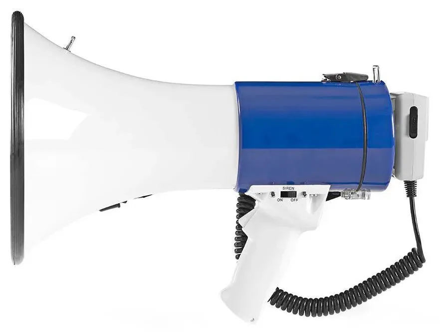 NEDIS megafon/ rozsah 1500m/ hlasitost 135dB/ odnímatelný mikrofon/ vestavěná siréna/ ramenní popruh/ bílo-mo...