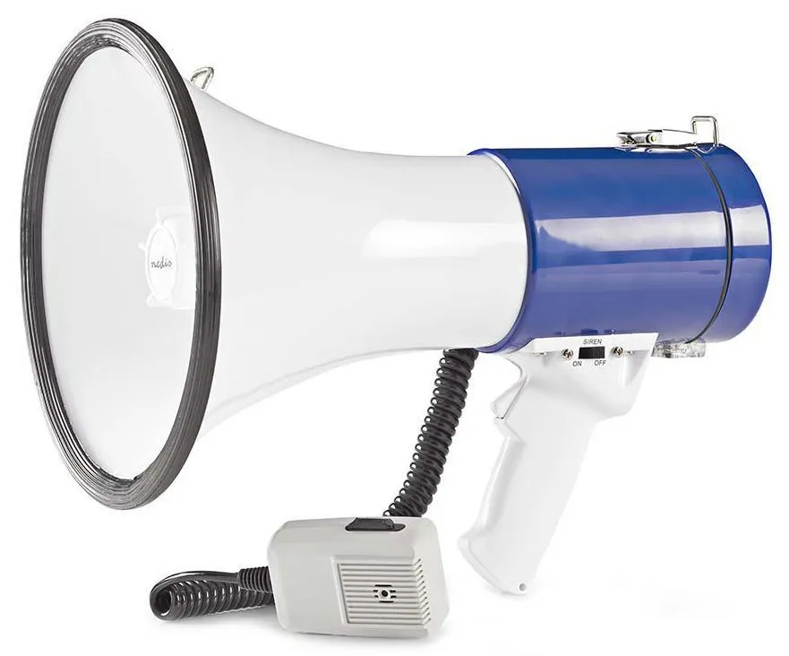 NEDIS megafon/ rozsah 1500m/ hlasitost 135dB/ odnímatelný mikrofon/ vestavěná siréna/ ramenní popruh/ bílo-mo...
