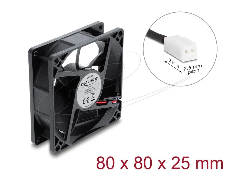 Delock Axiální ventilátor 48 V DC, 80 x 80 x 25 mm s 2-pinovým zásuvkovým konekt