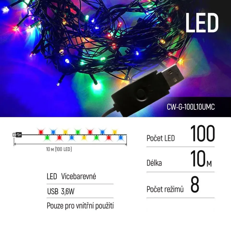 COLORWAY LED řetěz/ vnitřní / 100 LED / délka 10m / více barevný/ 8 funkcí/ napájení USB