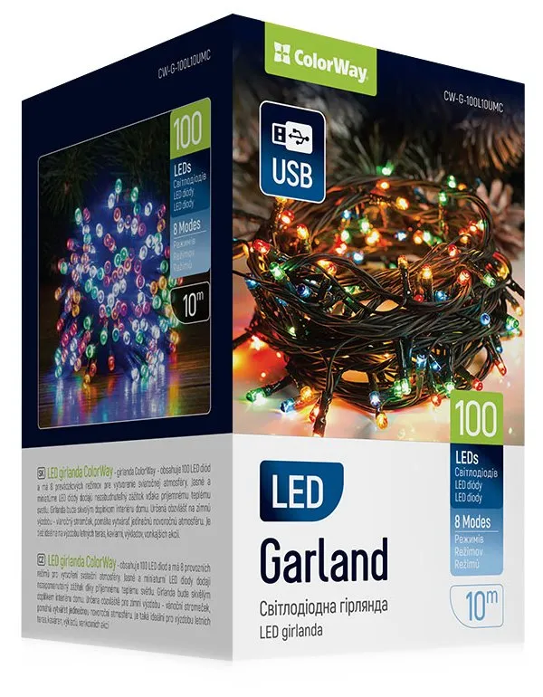 COLORWAY LED řetěz/ vnitřní / 100 LED / délka 10m / více barevný/ 8 funkcí/ napájení USB