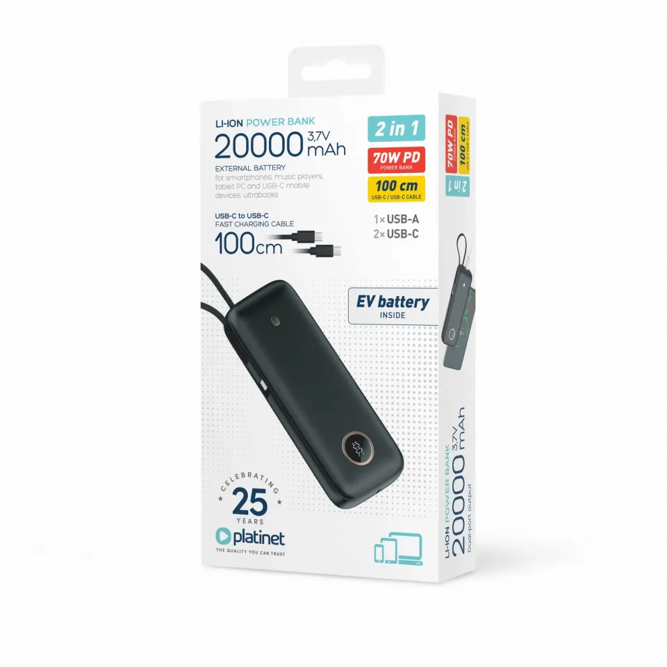 Platinet Powerbanka 20000 mAh 70W Power Delivery, 1xUSB-C, 1xUSB-A, kabel USB-C 1m, černá