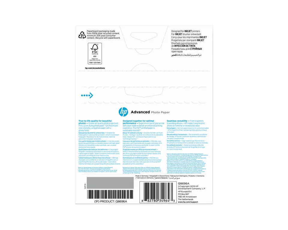 HP Advanced Glossy Photo Paper-25 sht/13 x 18 cm borderless, 250 g/m2, Q8696A