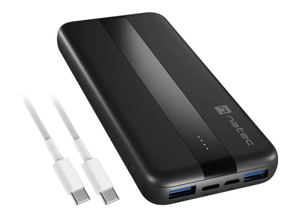 Power banka Natec TREVI SLIM Q V2 10000mAh, 2X USB-A 18W, 1X USB-C 20W, USB-C - USB0-C kabel, černá