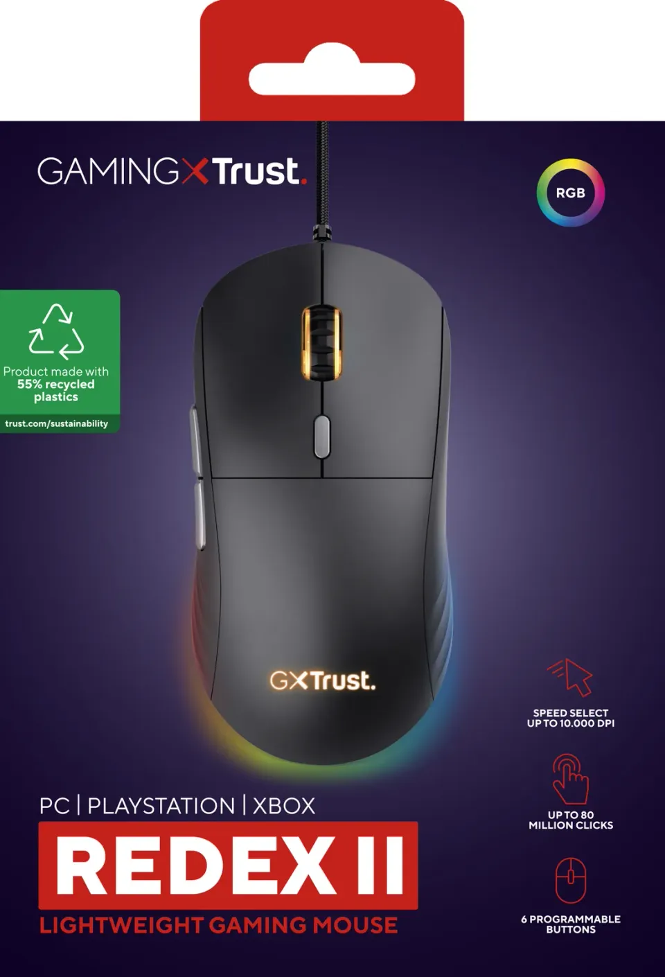 TRUST myš GXT925 Redex II Gaming Mouse, optická, RGB, černá