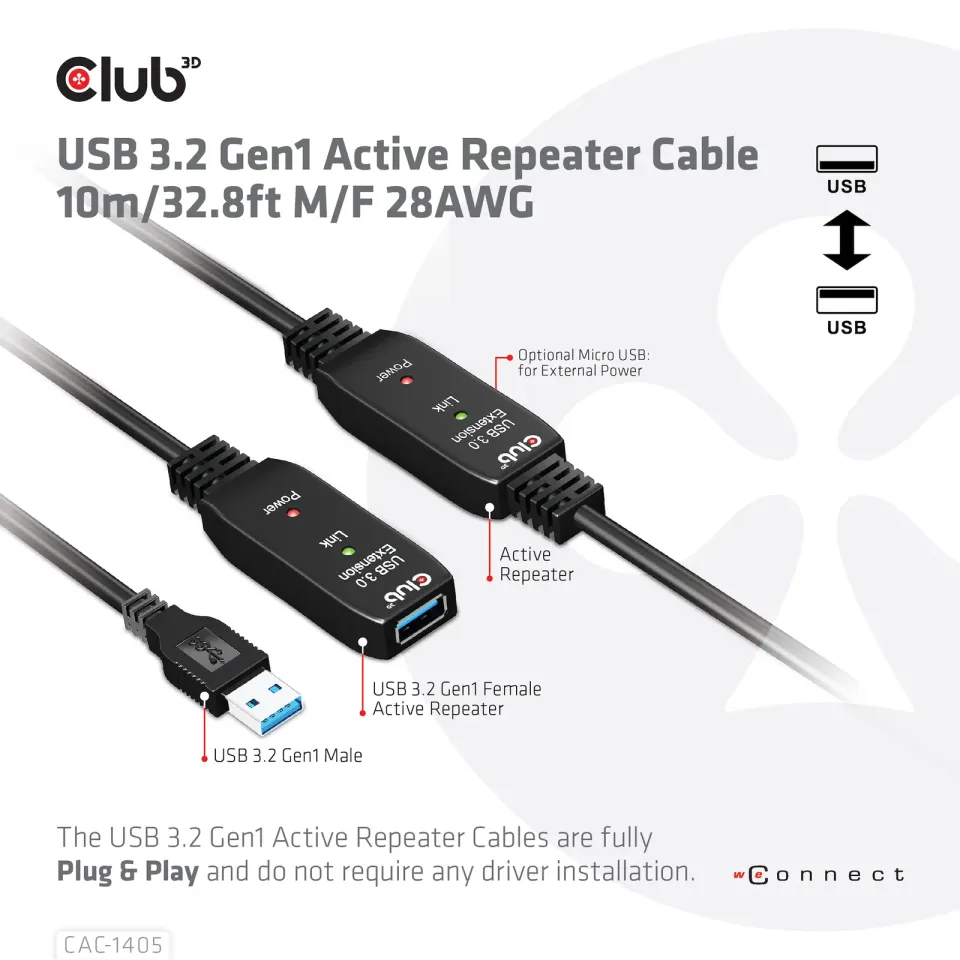 Club3D Kabel USB 3.2 Gen1 Active Repeater Cable M/F 28AWG, 10m