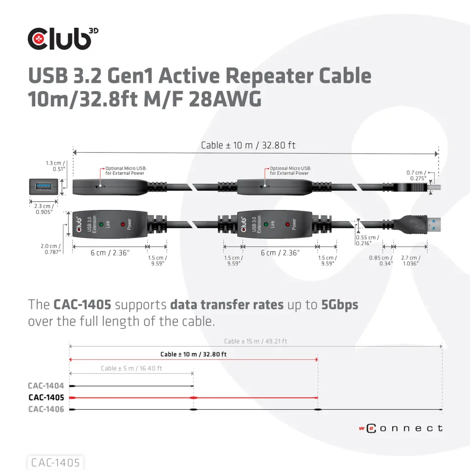 Club3D Kabel USB 3.2 Gen1 Active Repeater Cable M/F 28AWG, 10m