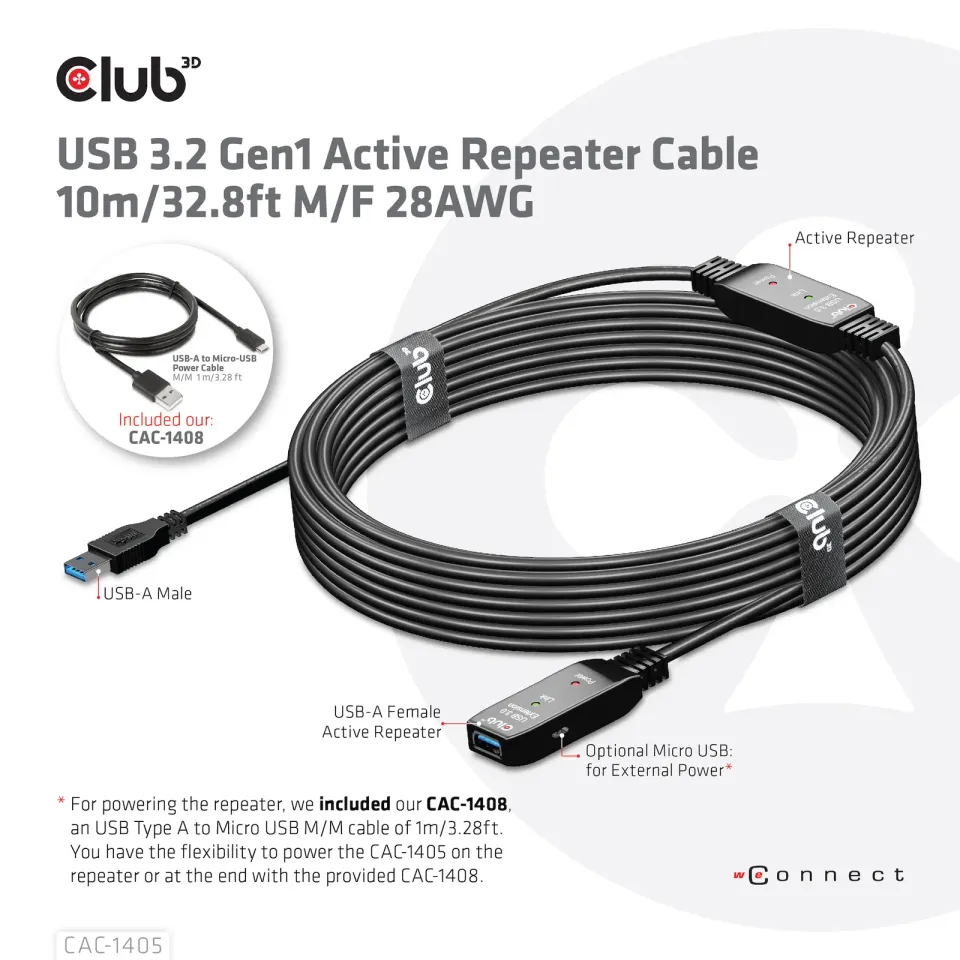 Club3D Kabel USB 3.2 Gen1 Active Repeater Cable M/F 28AWG, 10m