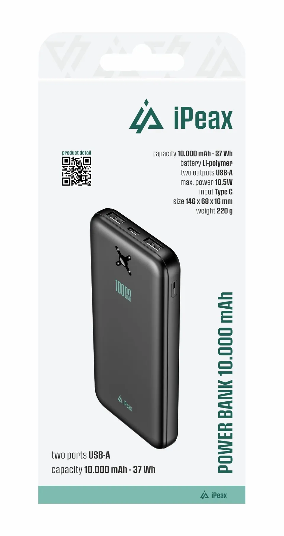 POWER BANKA 10000 mAh, 10,5W, 2x USB-A ČERNÁ