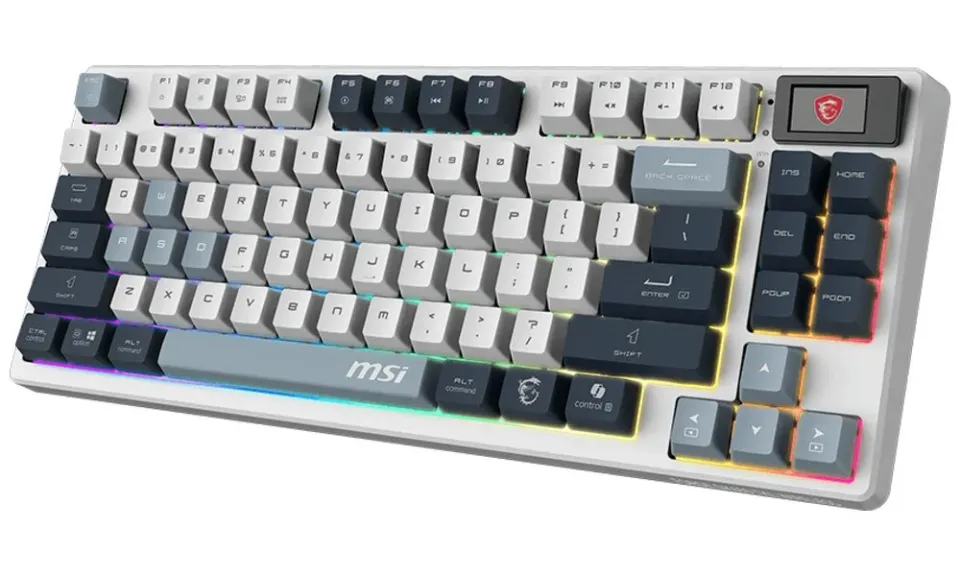 MSI herní klávesnice FORGE GK600 TKL Sky/ bezdrátová 2,4GHz+BT/ mechanická/ RGB/ USB-C/ display/ CZ+SK layout