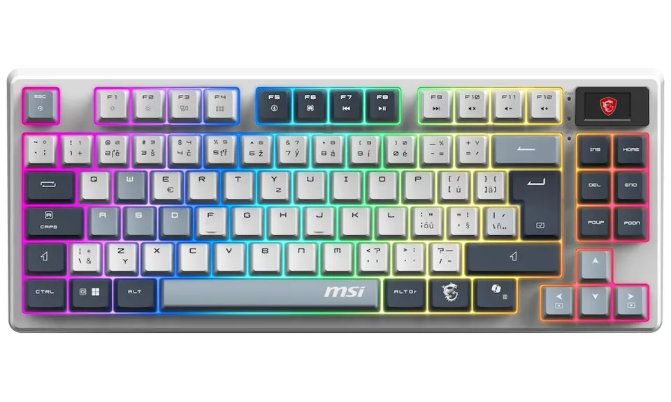 MSI herní klávesnice FORGE GK600 TKL Sky/ bezdrátová 2,4GHz+BT/ mechanická/ RGB/ USB-C/ display/ CZ+SK layout