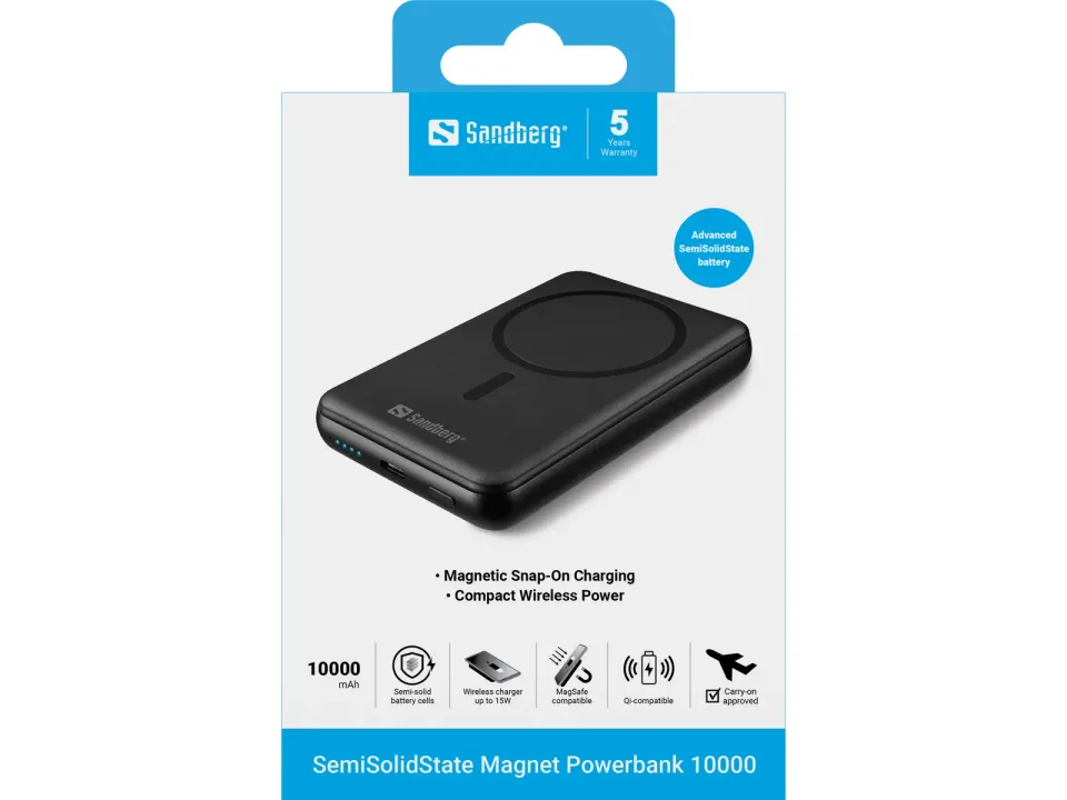 Sandberg SemiSolidState Magnet Powerbank 10000 mAh PD20W, magnetická powerbanka, černá
