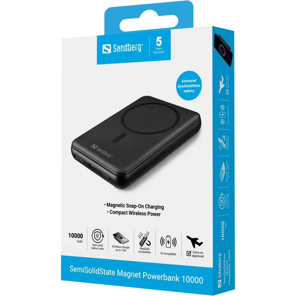 Sandberg SemiSolidState Magnet Powerbank 10000 mAh PD20W, magnetická powerbanka, černá