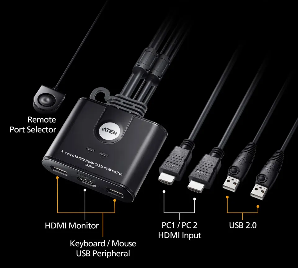 ATEN 2-port HDMI KVM USB mini, integrované kabely, tlačítko pro přepínání