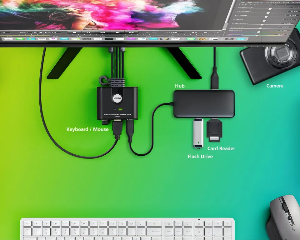 ATEN 2-port HDMI KVM USB mini, integrované kabely, tlačítko pro přepínání