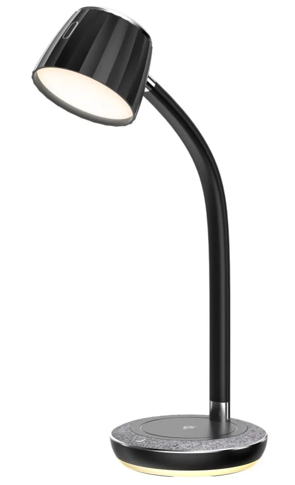 IMMAX LED stolní lampička PERLA/ Qi nabíjení/ 18W/ DC 12V/1,5A/ 270lm/ černo-šedá/ kovový detail