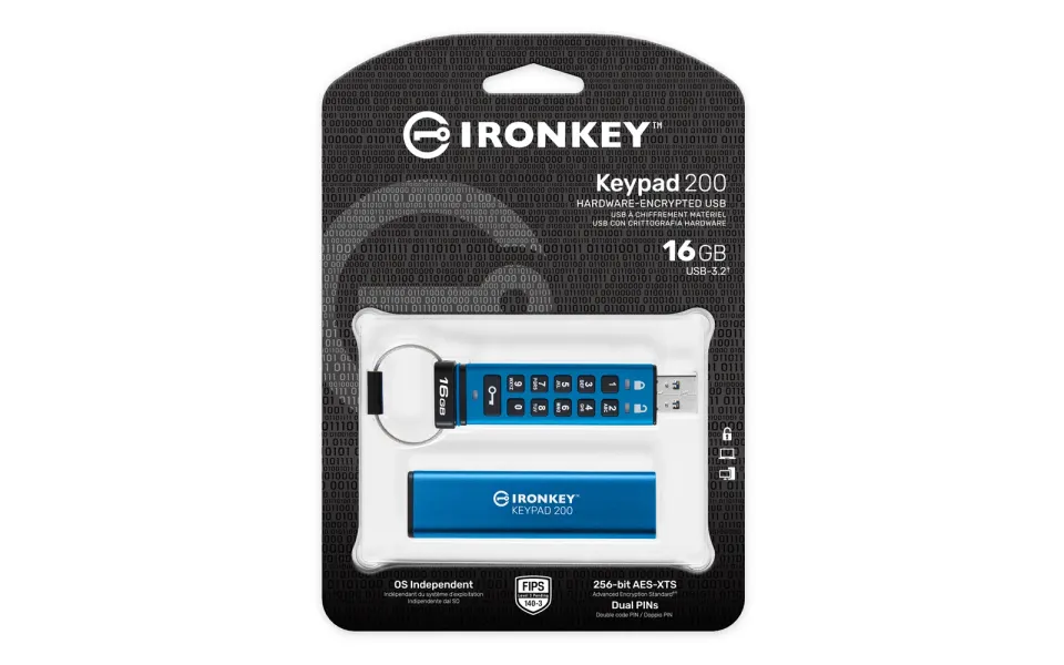 KINGSTON 16GB IronKey Keypad 200, FIPS 140-3 Lvl 3 (Pending) AES-256 Encrypted