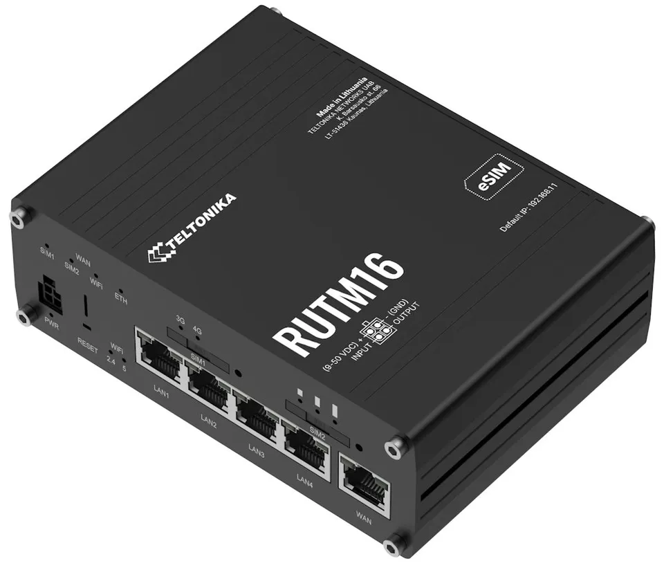 Teltonika RUTM16 průmyslový router 4x LAN, 1x WAN, LTE Telit global, Dual SIM + eSIM, WiFi 5