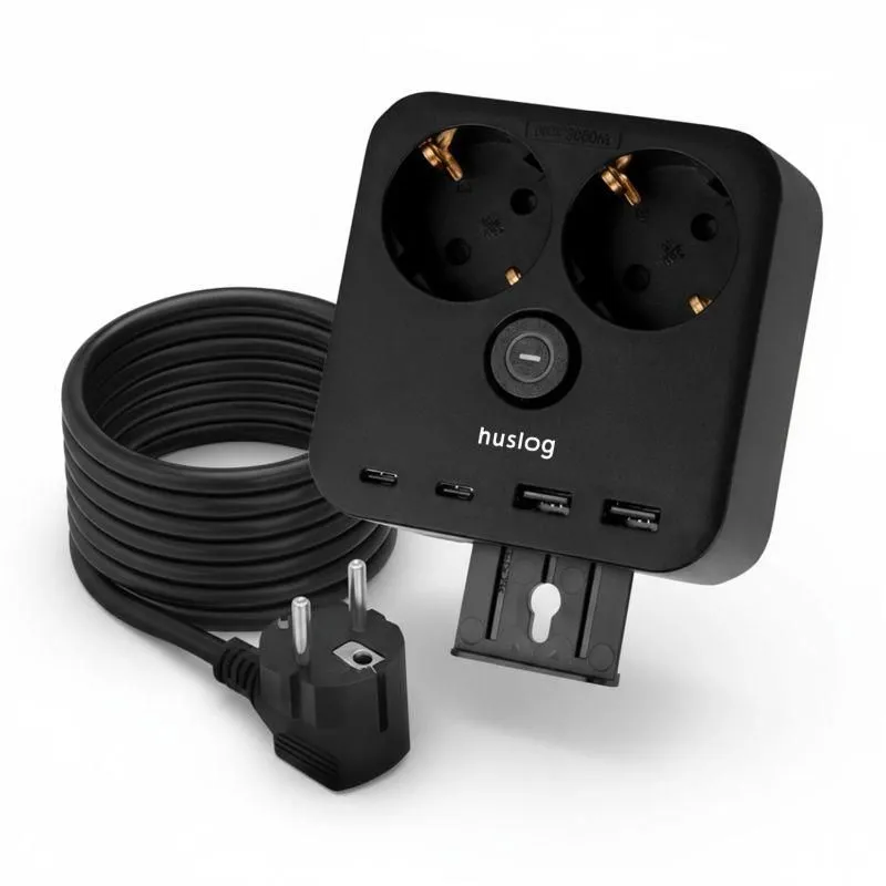 Nabíjecí stanice Huslog 15W 2xzásuvka, 2xUSB-C, 2xUSB, 1x držák na telefon černá