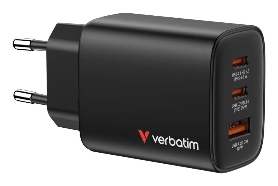 VERBATIM GaN Nabíječka Essentials 65W, 2xUSB-C, 1xUSB-A, černá