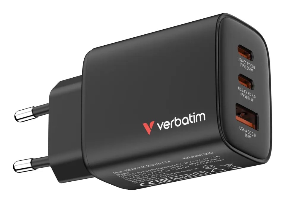 VERBATIM GaN Nabíječka Essentials 65W, 2xUSB-C, 1xUSB-A, černá