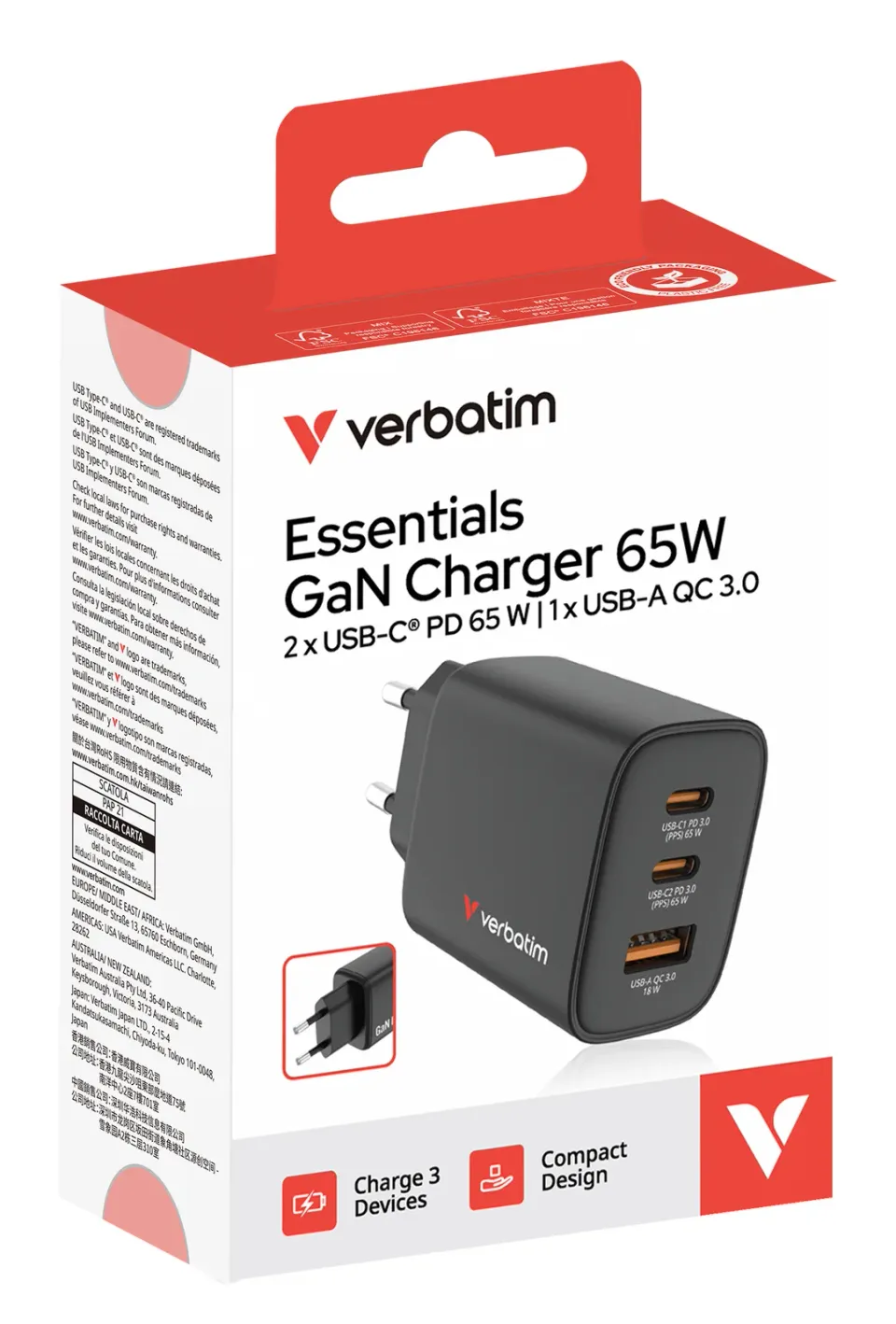 VERBATIM GaN Nabíječka Essentials 65W, 2xUSB-C, 1xUSB-A, černá