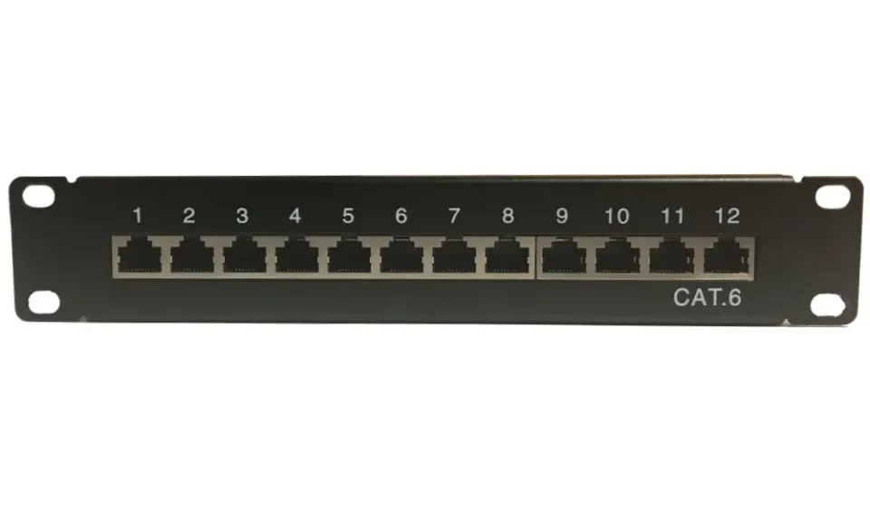 XtendLan Patch panel 10", 12 portů, 1U, Cat6, stíněný, LSA, s krytem, vodorovné umístění konektorů, zemnič, černý
